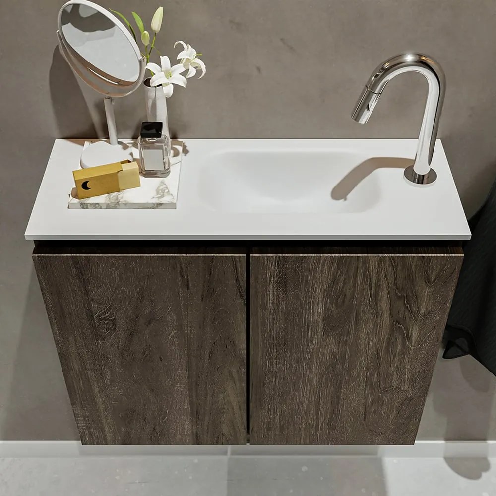 Mondiaz Ture 60cm toiletmeubel dark brown met wastafel talc rechts 1 kraangat