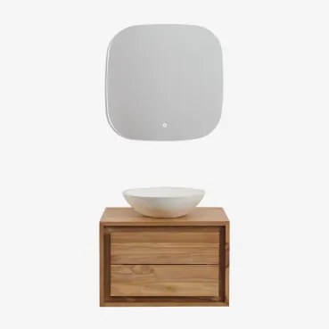 Jabari Zwevend Badkamermeubelset Van Teakhout Teakhout & Rond Cement Wit Ø40 Cm Zavion & Vierkant Led En Anticondens 75x75 Cm Riben & Zonder Kraan -