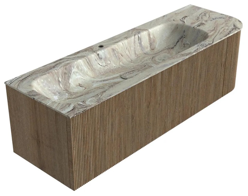 Mondiaz Kurve-dlux 145cm badmeubel ronding rechts dusk met 1 lade en deur en wastafel big large kraangat links glace
