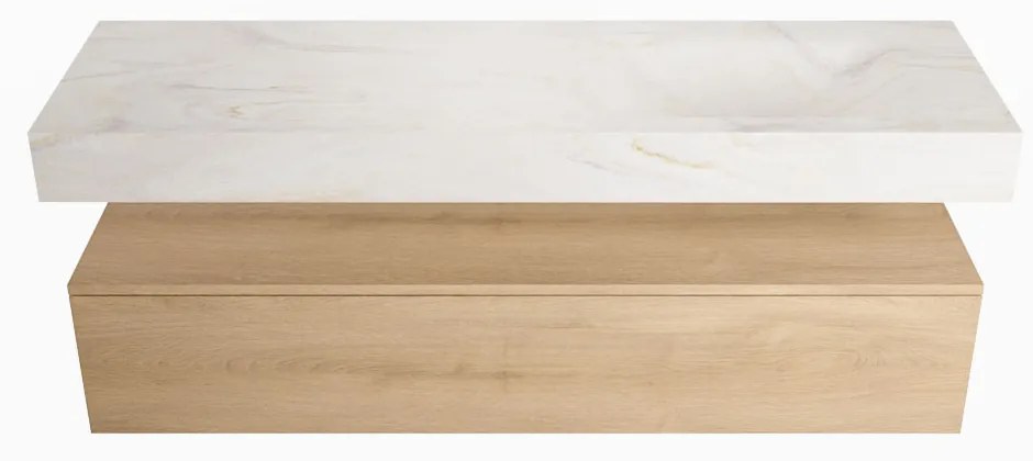 Mondiaz Alan DLux badmeubel 150cm washed oak 1 lade met wastafel ostra rechts zonder kraangat