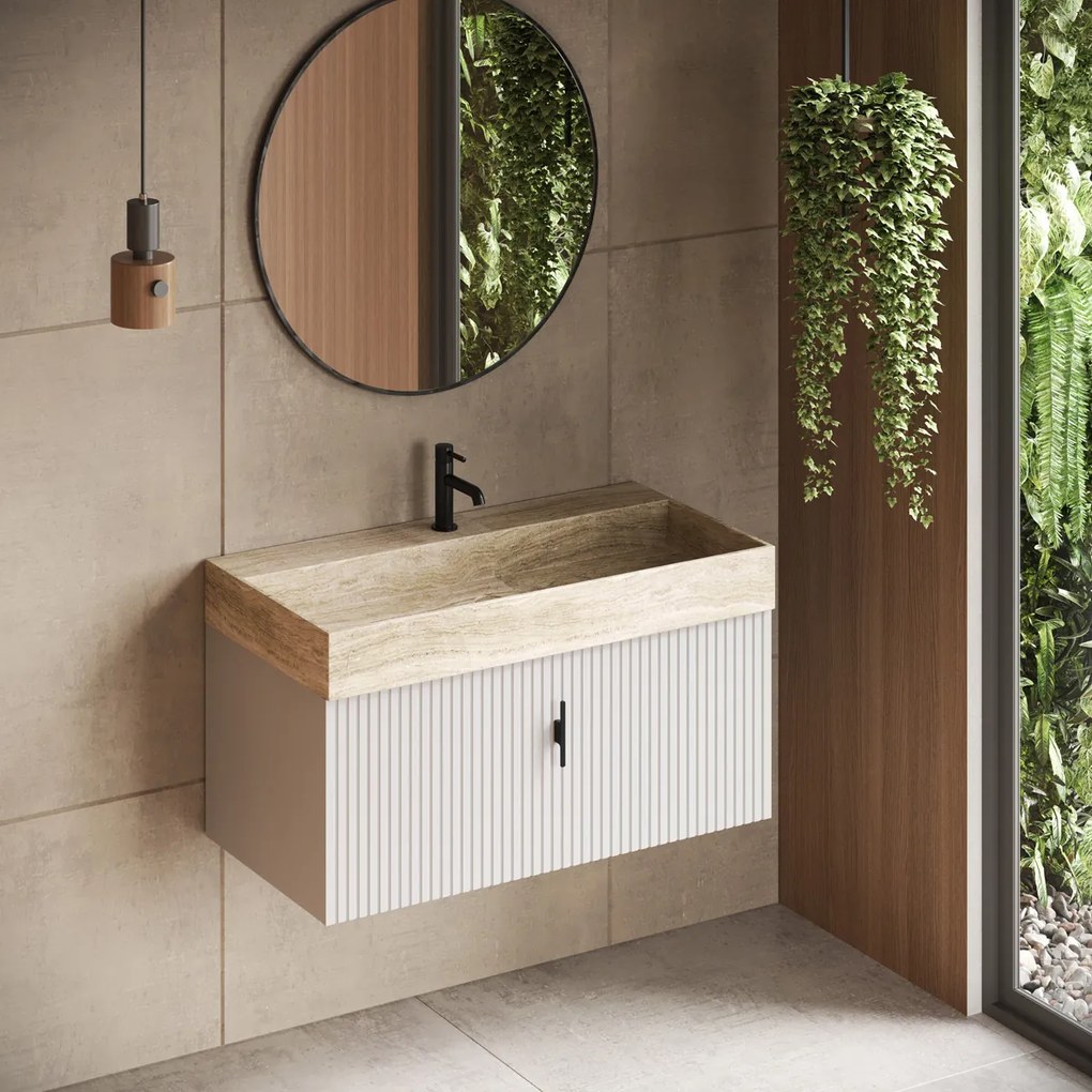 Muebles Zahora badmeubel ribbelfront 100cm wit mat met White Travertin wastafel met kraangat