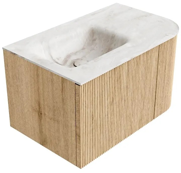 Mondiaz Kurve-dlux 75cm badmeubel ronding rechts oak met 1 lade en deur en wastafel grunne kraangat links frappe