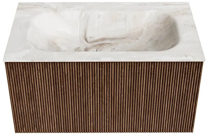 Mondiaz Kurve-dlux 80cm badmeubel walnut met 1 lade en wastafel big small midden 1 kraangat frappe