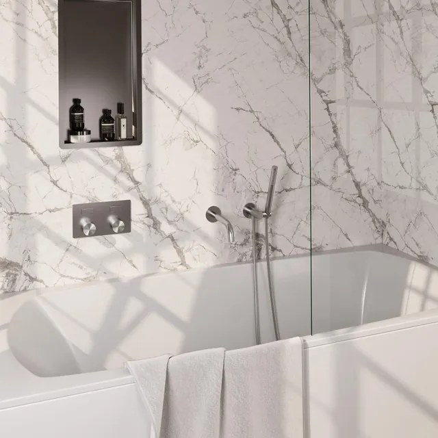 BRAUER Stripe Thermostatische Badkraan - drukknoppen - SET 03 - inbouw - uitloop - staaf handdouche - doucheslang - wandaansluitbocht - RVS-kleurig geborsteld PVD 5-NG-363