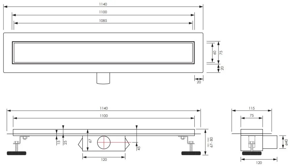 Brauer douchegoot 110x7cm met multifunctioneel rooster en flens RVS geborsteld