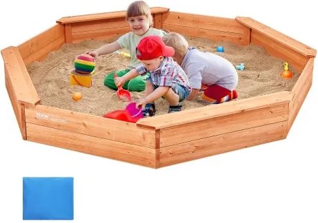 VEVOR Houten Zandbak met Deksel, Achthoekige Zandbak, Zandbak met 4 Zitplaatsen & Vloermat, Kinderzandbak voor in de Tuin, Cadeau voor Jongens & Meisjes van 3-12 Jaar