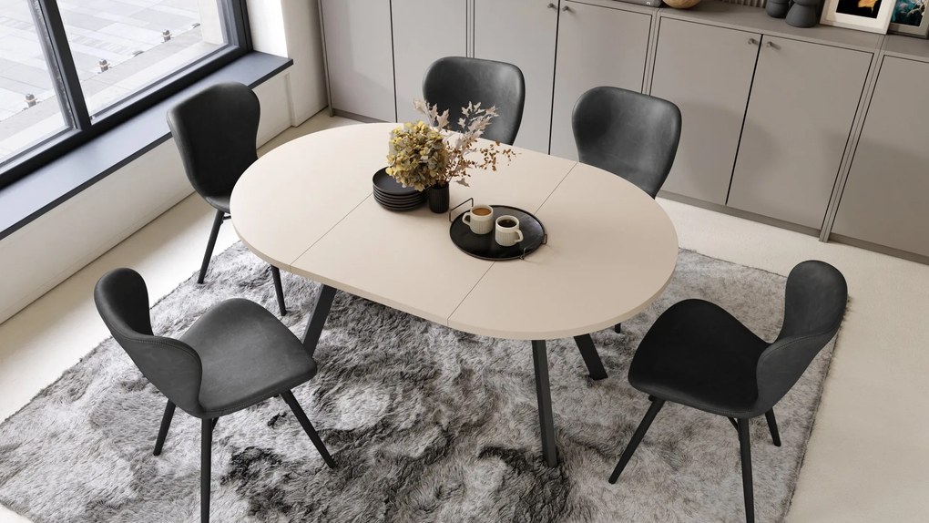 ALMO Beige/Zwarte poten - RONDE LOFT/INDUSTRIËLE TAFEL VOOR WOONKAMER/EETKAMER, UITSCHUIFBAAR