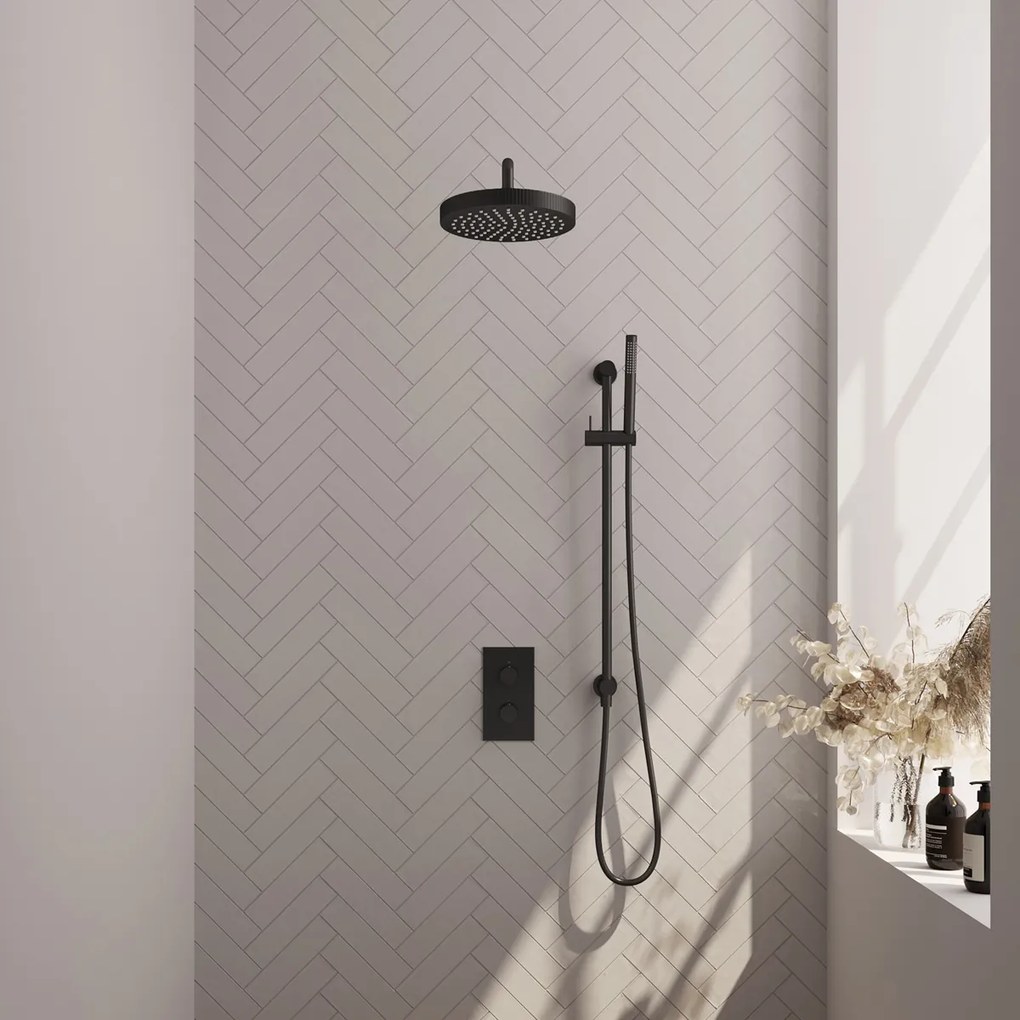 Brauer Stripe inbouw regendouche met 25cm hoofddouche, met gebogen muurarm, glijstang en staafhanddouche set 20 zwart mat