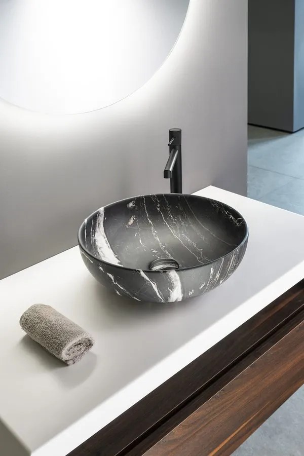 Sapho Rondane keramische waskom 41x41cm zwart marmer