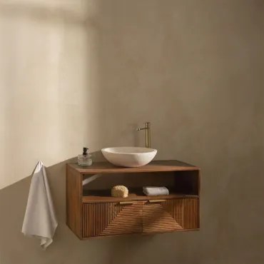 Baty Mangohouten Badkamermeubelset Mangohout & Rond Cement Wit Ø40 Cm Zavion & Spiegelloze & Goud ↑30 Cm Met Aftapkraan Zonder Overloop Alameda -