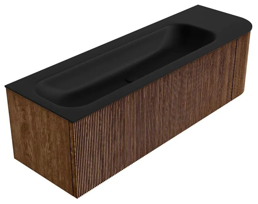Mondiaz Kurve 145cm badmeubel ronding rechts walnut met 1 lade en deur en wastafel big large kraangat links urban