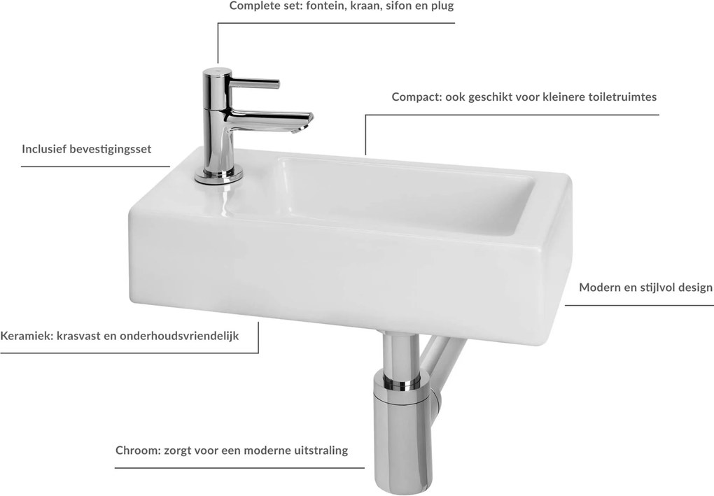 Saqu Combi-Pack M fonteinset met chromen kraan links glanzend wit keramiek