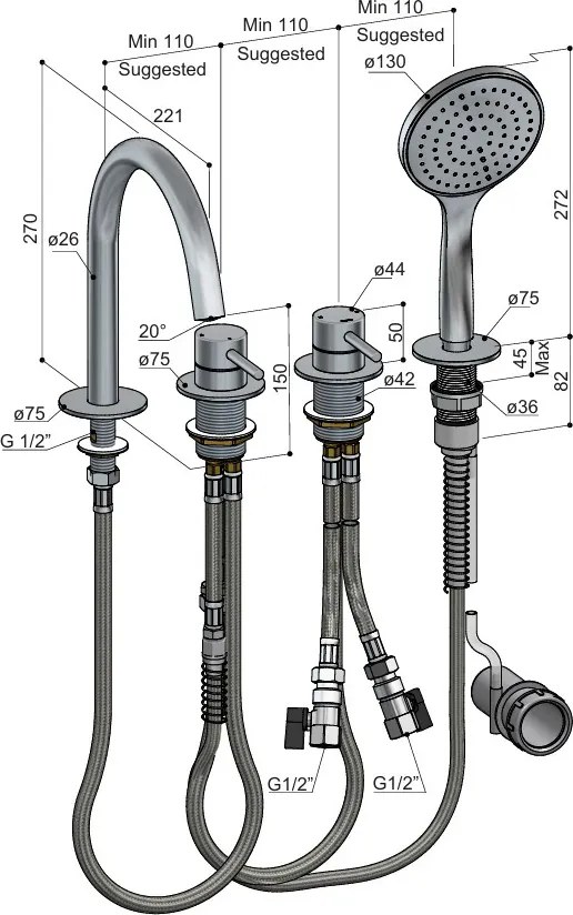 Hotbath Buddy badrandkraan met uitloop geborsteld koper PVD