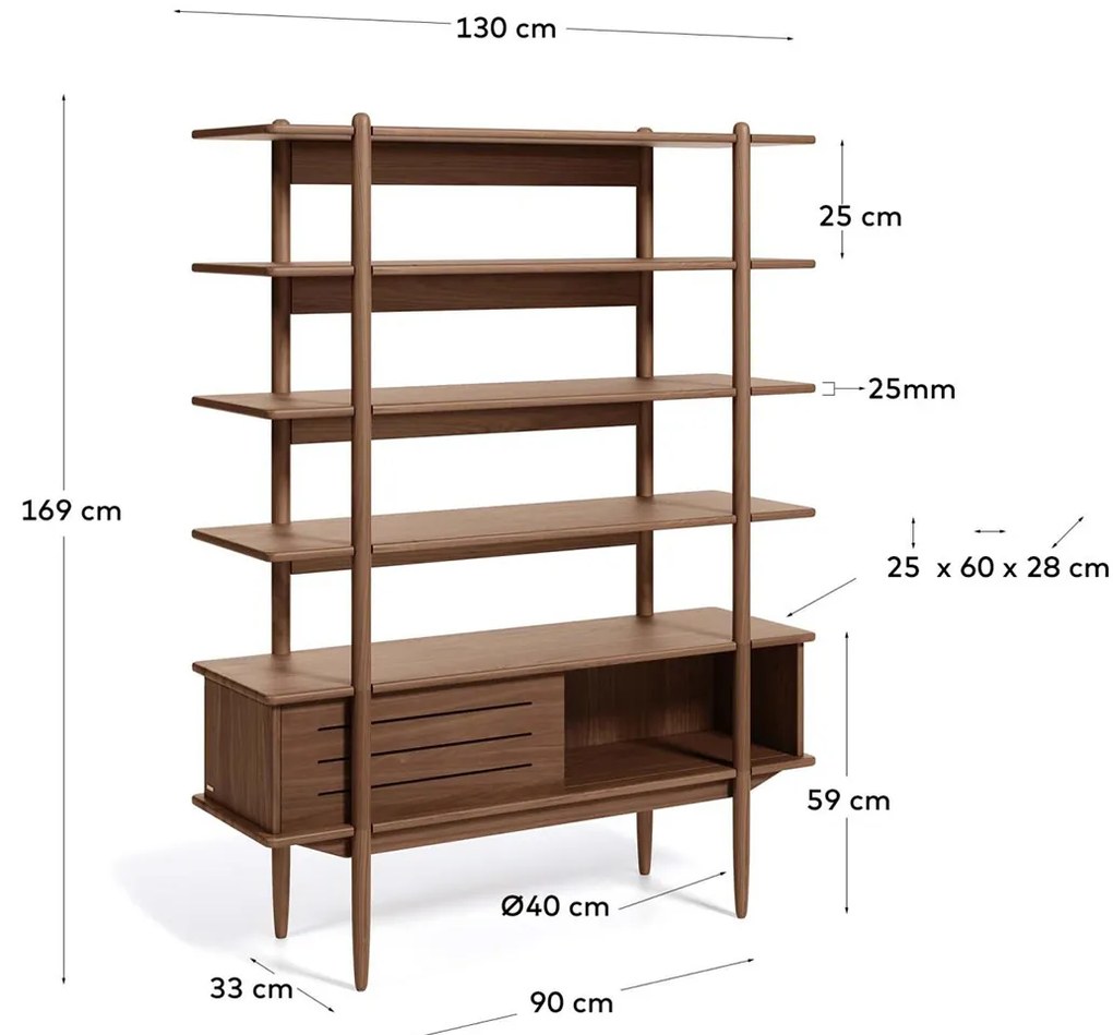 Kave Home Carolin Walnoot Stellingkast Vintage Retro Design - 130x41x169cm.