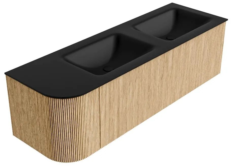 Mondiaz Kurve 145cm badmeubel ronding links oak met 1 lade en deur en wastafel cloud dubbel/rechts zonder kraangat urban