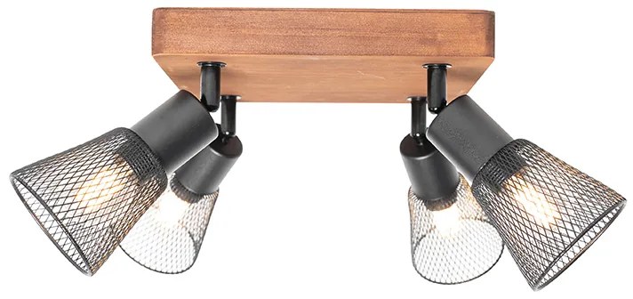 Industriële spot zwart met hout 4-lichts - Kristina