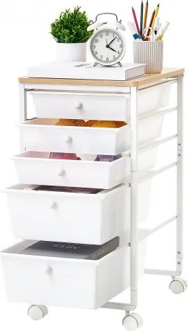 VEVOR rolwagen met 5 lades, verrijdbare container 400x330x635mm, wit, metalen frame, houten tafelblad, handgrepen, zwenkwielen met 2 remmen, opbergwagen voor kantoor, hobbykamer, slaapkamer