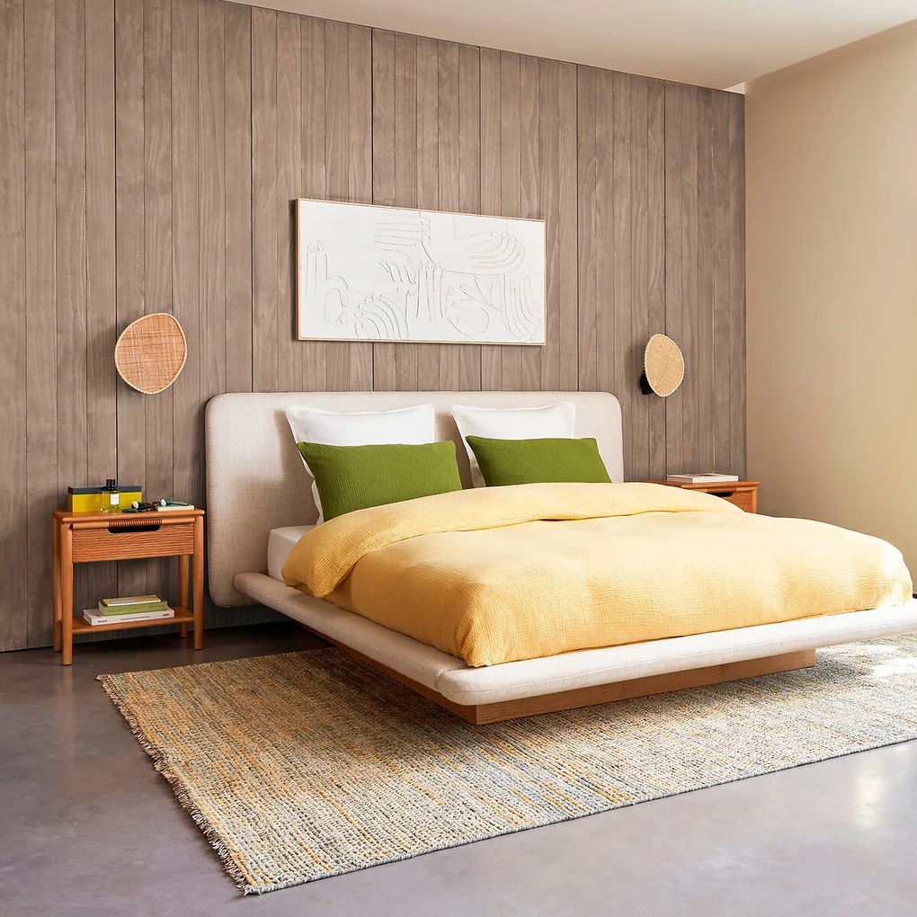 Nachtkastje met massief eikenhout, fineer en leren handvat Melaly