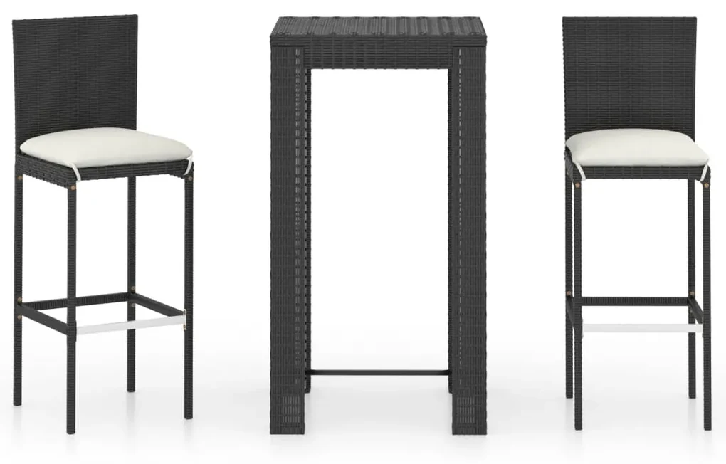 vidaXL 3-delige Tuinbarset met kussens poly rattan zwart