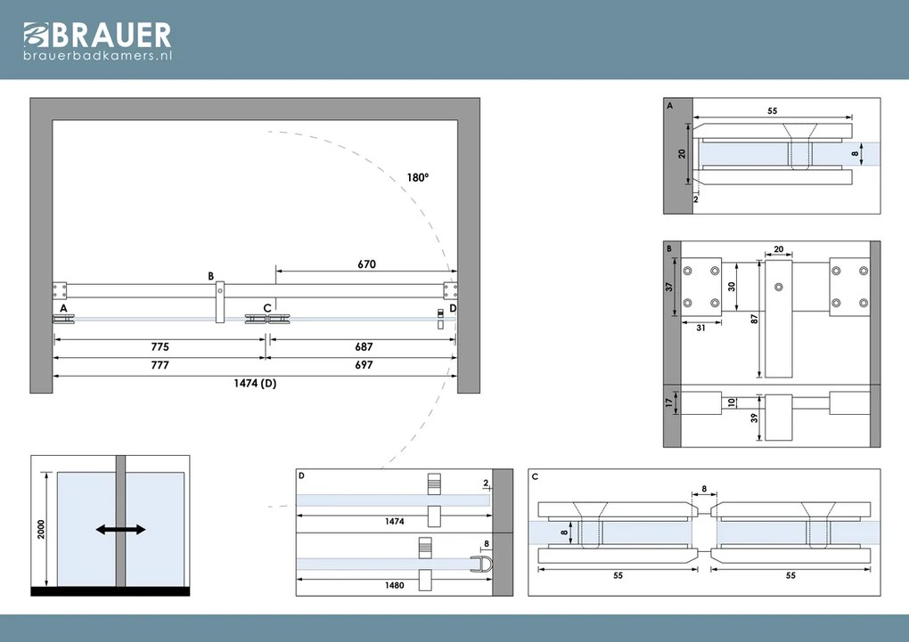 Brauer Void profielloze nisdeur 150cm met draaideur 70cm aan glas chroom