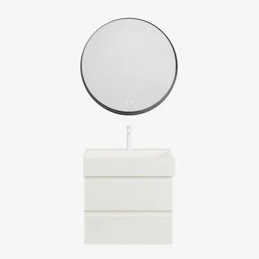 Ona Zwevend Badkamermeubelset Van Hout En Essenfineer Met Geïntegreerde Wastafel Wit & Round Led And Antifog Zwart Ø80 Cm Kimacs & - Sklum