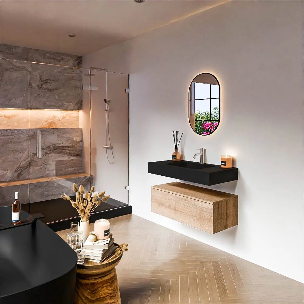 Zaro Alan badmeubel 90cm washed oak 1 lade met vrijhangende wastafel cloud midden 1 kraangat urban