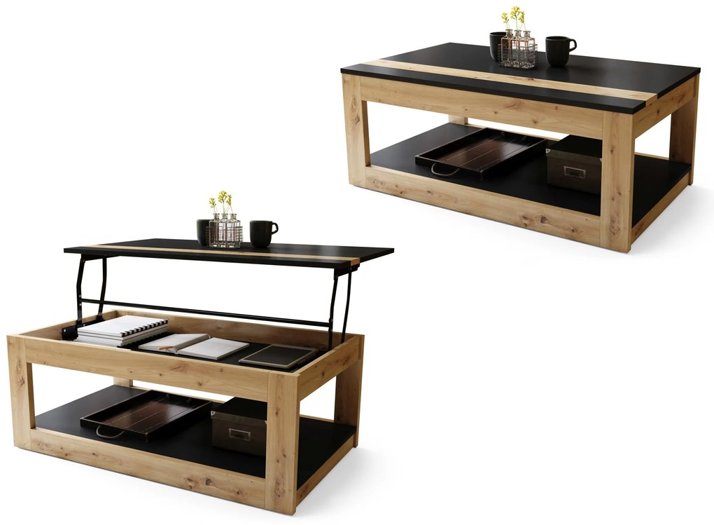 LUSSO Zwart Mat/Artisan Eik - MODERNE SALONTAFEL MET VERHOOGD BLAD + OPBERGRUIMTE + SCHAP (OP WIELEN!)