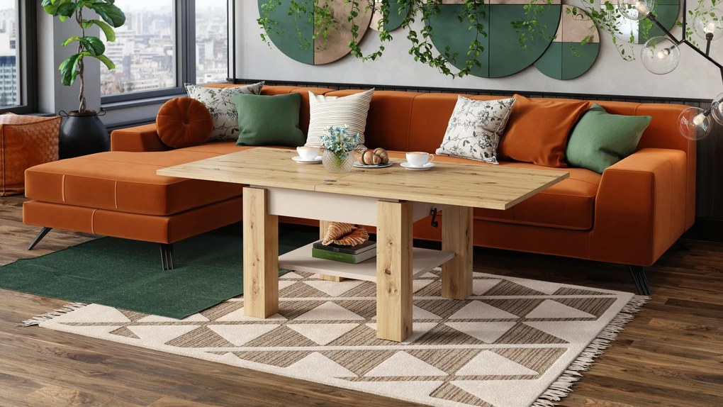 CLEO ARTISAN EIK / BEIGE, UITSCHUIFBARE SALONTAFEL
