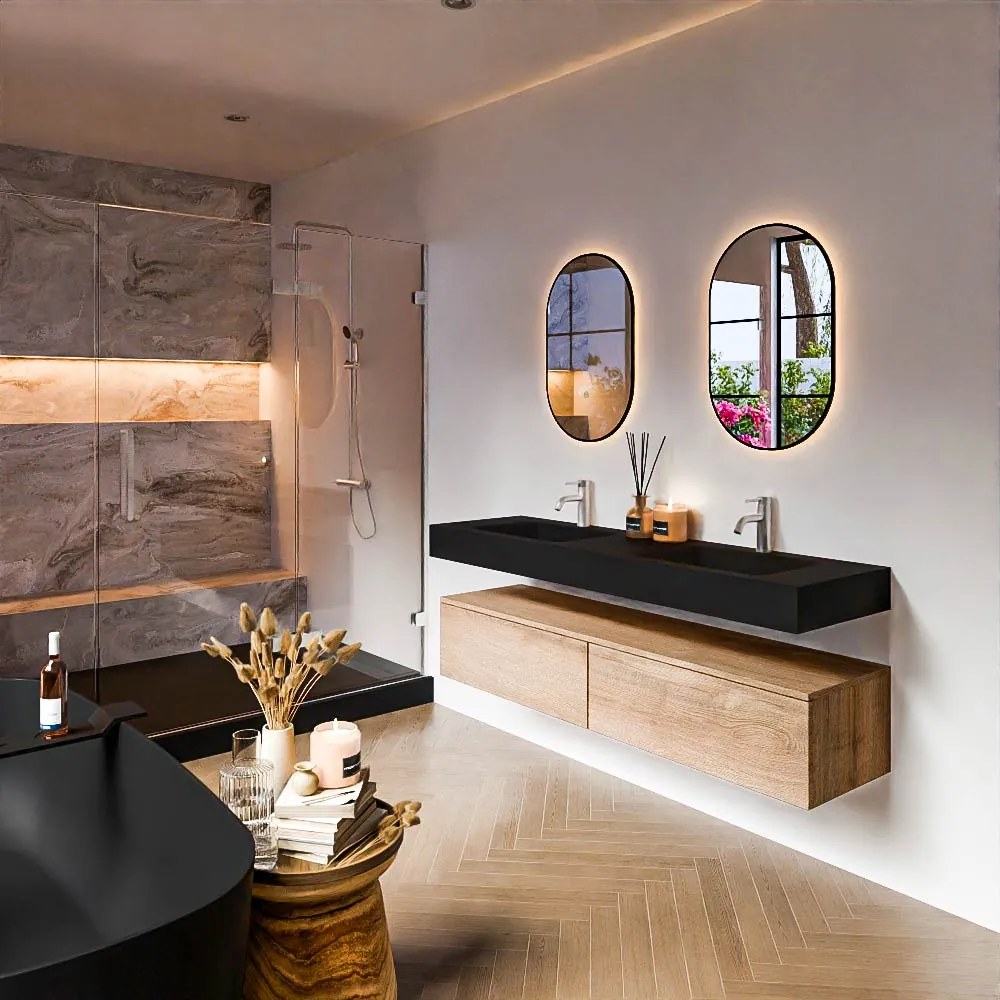 Zaro Alan badmeubel 160cm washed oak 2 lades met vrijhangende wastafel cloud dubbel 2 kraangaten urban