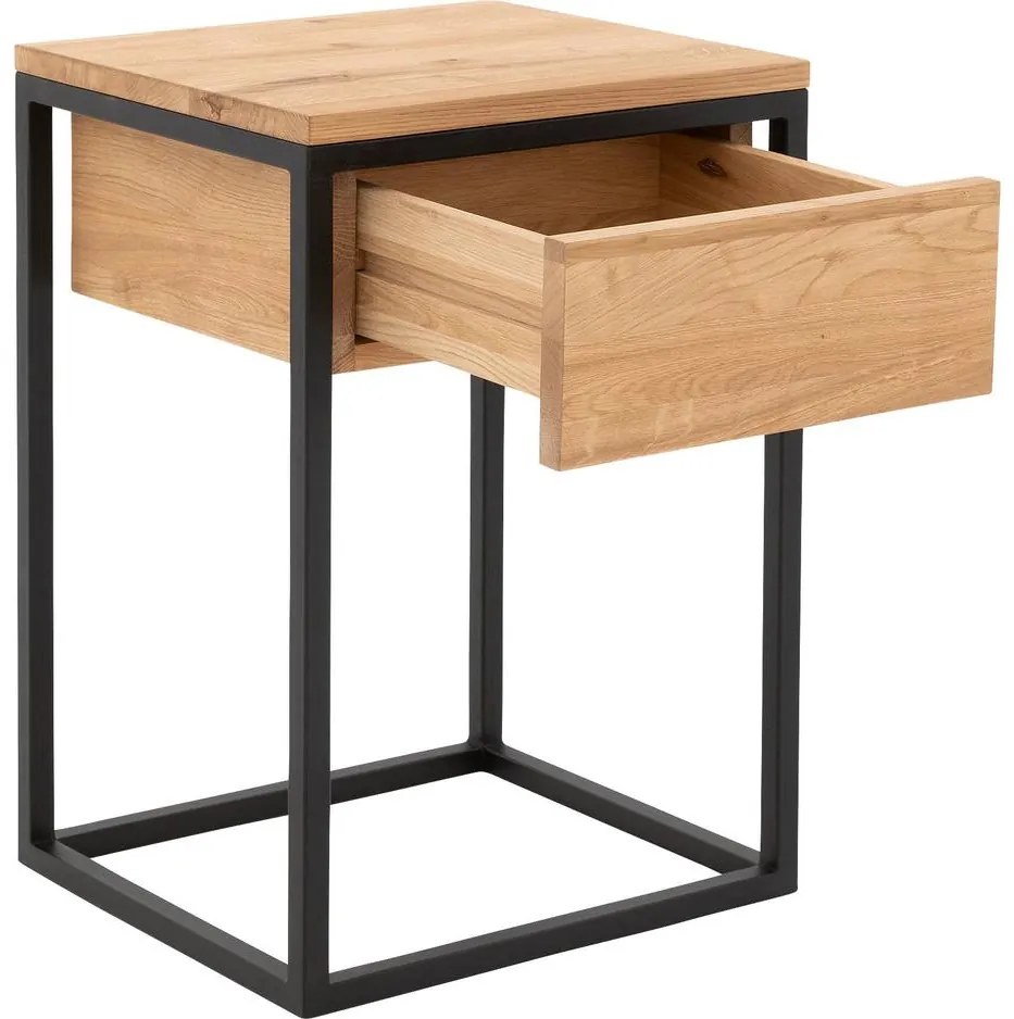 Goossens Nachtkastje Ord, Metaal ral 9005 zwart, met lade en bovenblad massief eik, 40 x 35 x 57 cm hoog