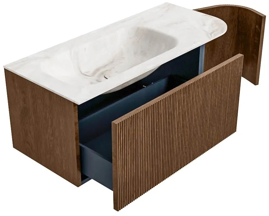 Mondiaz Kurve-dlux 105cm badmeubel ronding rechts walnut met 1 lade en deur en wastafel big small links zonder kraangat frappe