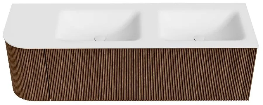 Mondiaz Kurve 145cm badmeubel ronding links walnut met 1 lade en deur en wastafel cloud dubbel/rechts zonder kraangat