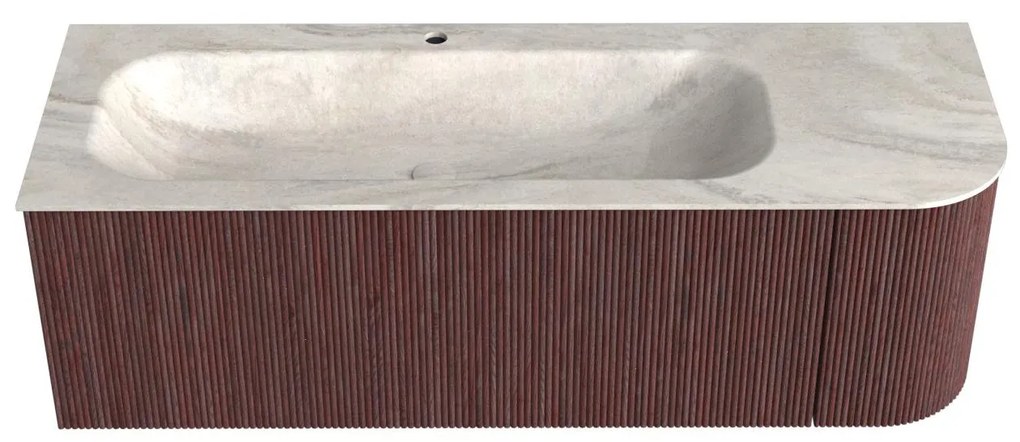 Mondiaz Kurve-dlux 135cm badmeubel ronding rechts ruby met 1 lade en deur en wastafel big medium kraangat links ostra