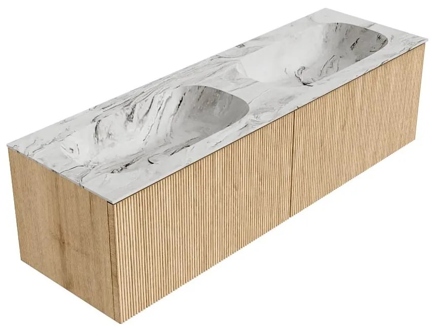 Mondiaz Kurve-dlux 150cm badmeubel oak met 2 lades en wastafel stor small dubbel zonder kraangat glace