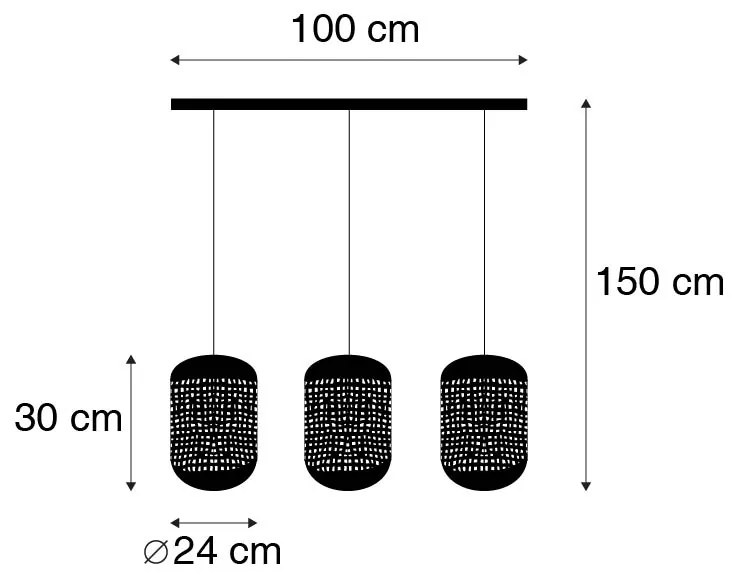 Vintage hanglamp zwart met messing langwerpig 3-lichts - Kayleigh