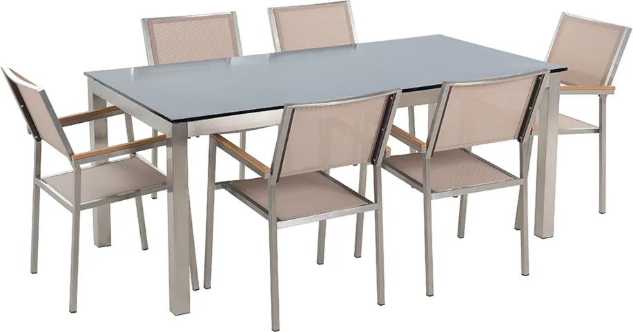 Tuinset glas/RVS zwart enkel tafelblad 180 x 90 cm met 6 stoelen beige GROSSETO