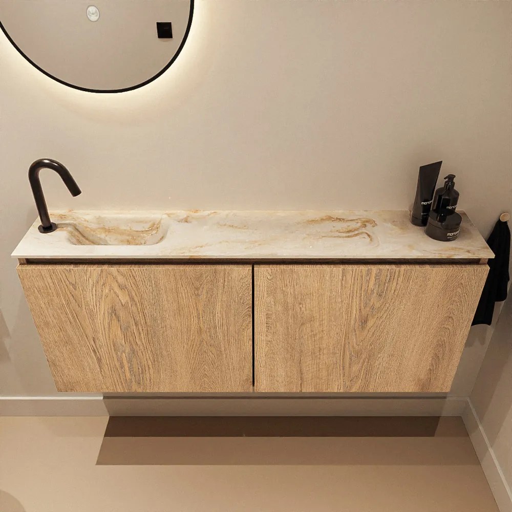 Mondiaz Ture DLux toiletmeubel 120cm washed oak met wastafel frappe links met kraangat