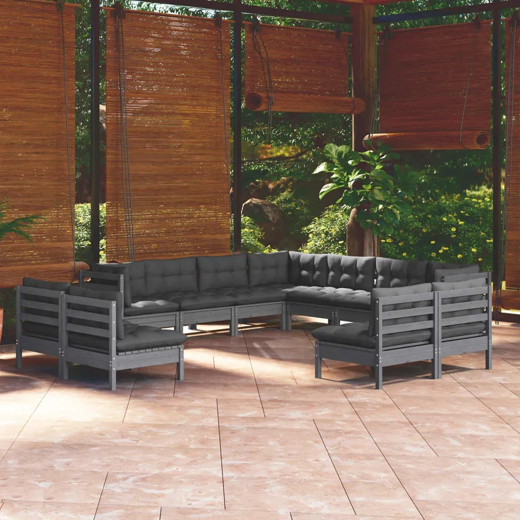 vidaXL 11-delige Loungeset met kussens massief grenenhout grijs