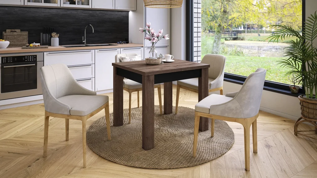 FONTE Eik bruin / Zwart Mat -KLASSIEKE KEUKEN- /WOONKAMERTAFEL 85x75 UITKLAPBAAR TOT 130 cm!