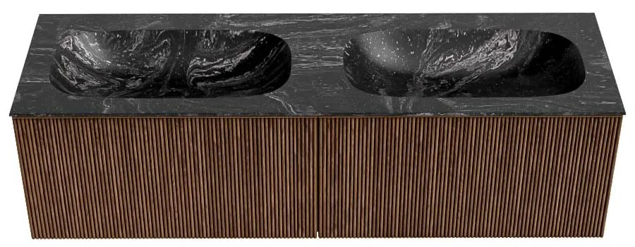 Mondiaz Kurve-dlux 150cm badmeubel walnut met 2 lades en wastafel stor small dubbel zonder kraangat lava