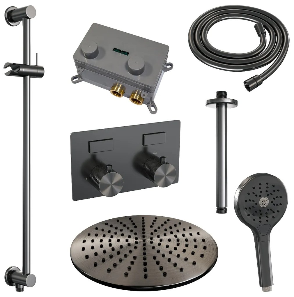 Brauer Gunmetal Carving thermostatische inbouw regendouche met 3 standen handdouche, plafondarm, glijstang en hoofddouche 30cm set 72 gunmetal geborsteld PVD