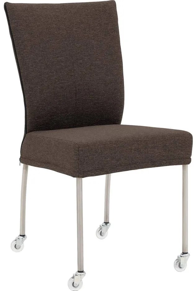 Goossens Eetkamerstoel Funk RVS Poten bruin stof leuning en Transparant skater wiel met rvs kapmet wielen, modern design