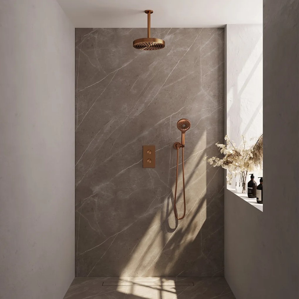 Brauer Stripe inbouw regendouche met 25cm hoofddouche, plafondarm en 3 standen handdouche set 18 koper geborsteld PVD