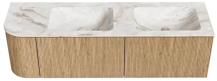 Mondiaz Kurve-dlux 155cm badmeubel ronding links oak met 2 lades en 1 deur en wastafel leaf dubbel/rechts zonder kraangat frappe