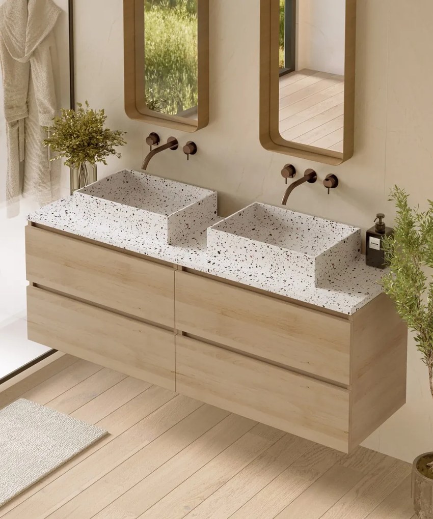 Fontana Terrazzo badmeubel 160cm beach eiken met rechthoekige waskommen en toppaneel