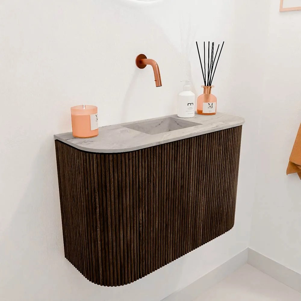 Mondiaz Joya DLux 65cm toiletmeubel ronding links/rechts walnut met wastafel faye midden zonder kraangat glace