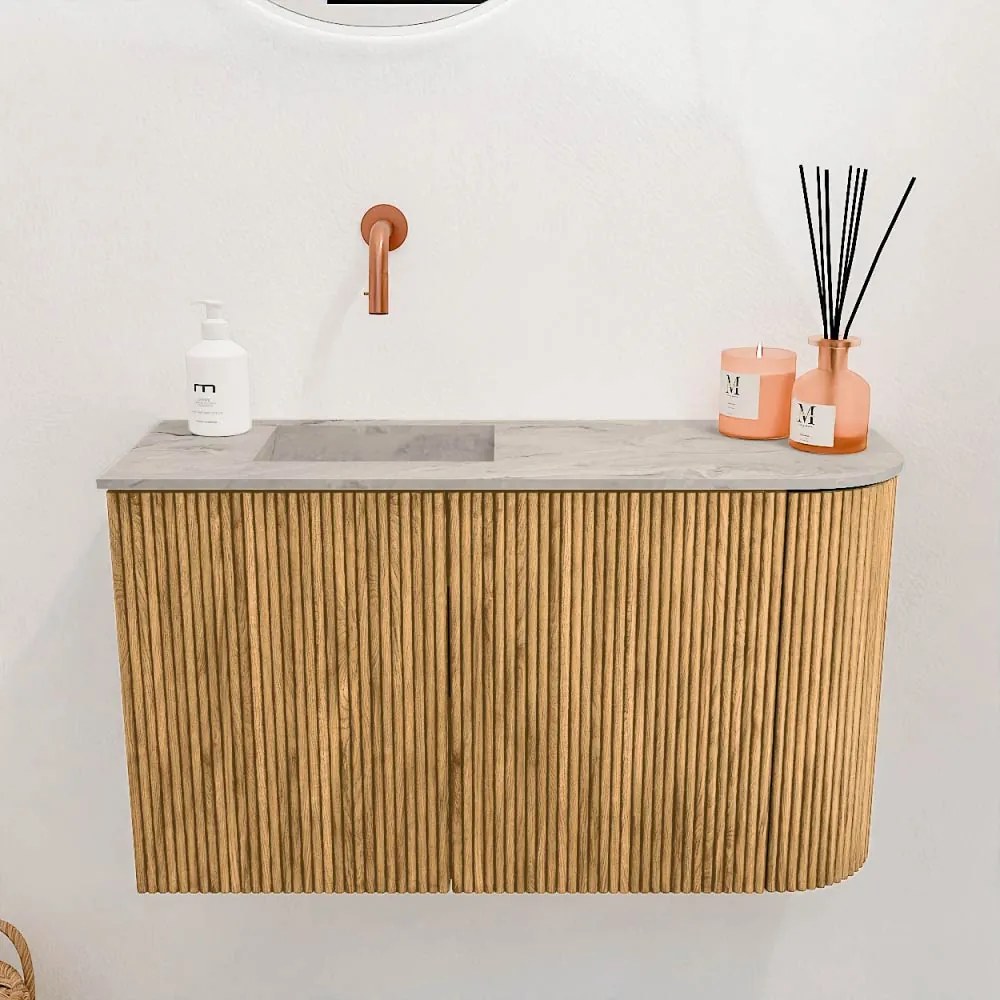 Mondiaz Joya DLux 70cm toiletmeubel ronding rechts oak met wastafel faye links zonder kraangat glace