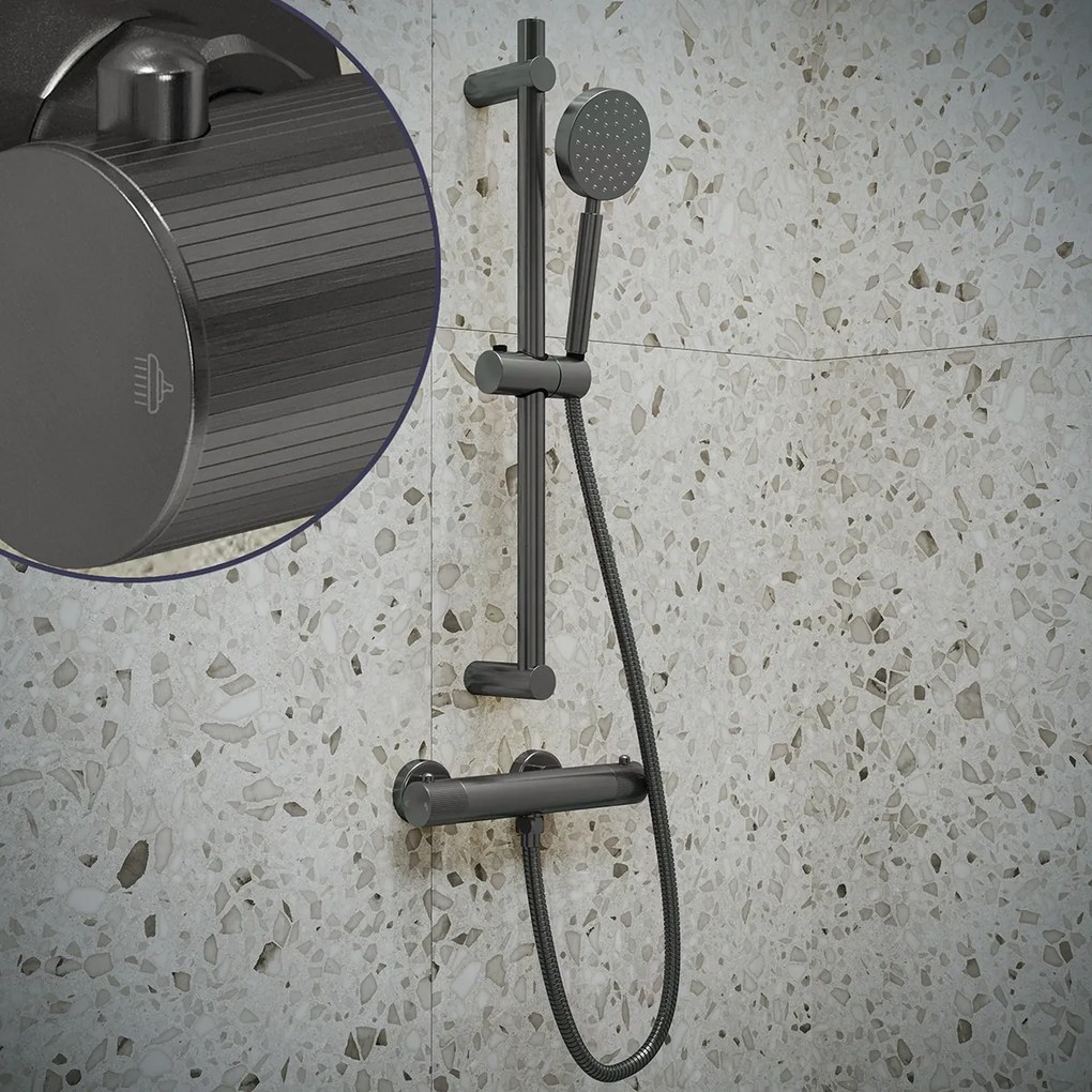 Saniclear Iron Stripes doucheset verouderd ijzer / gunmetal met thermostatische kraan, handdouche en glijstang