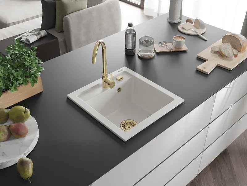 Mexen Vito 1-komerige granieten gootsteen 520 x 490 mm, wit, gouden sifon - 6503521000-20-G