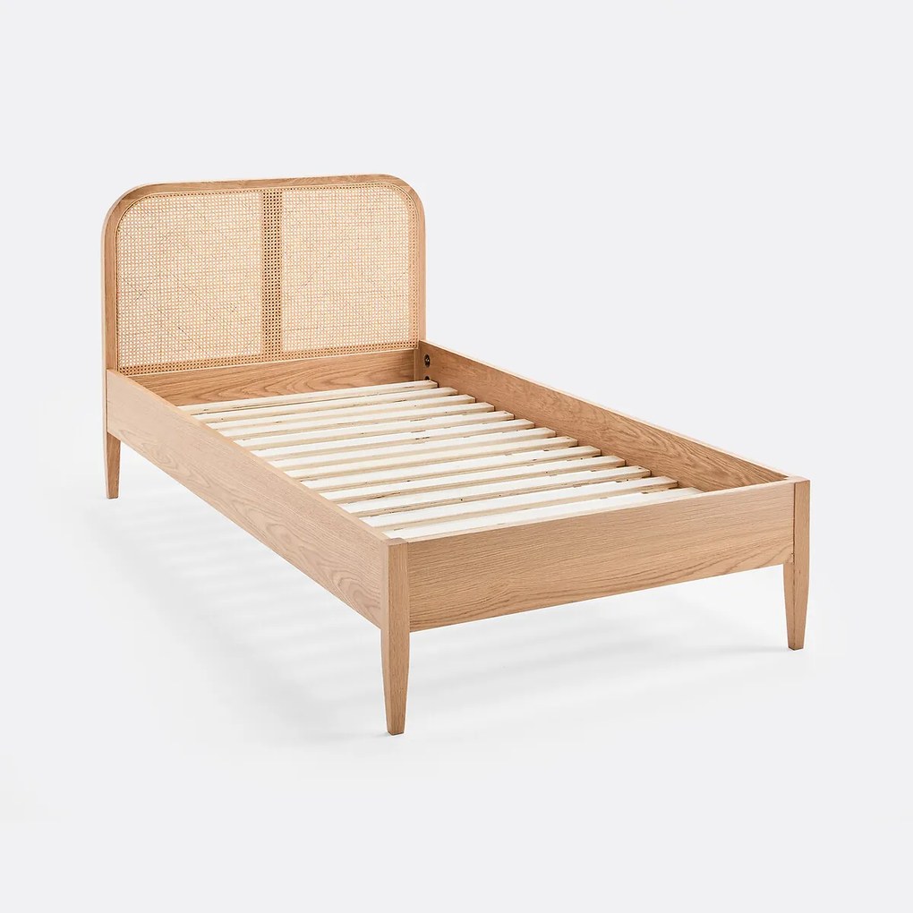 Eenpersoonsbed, vlechtwerk, eiken en fineer, met lattenbodem, MADARA